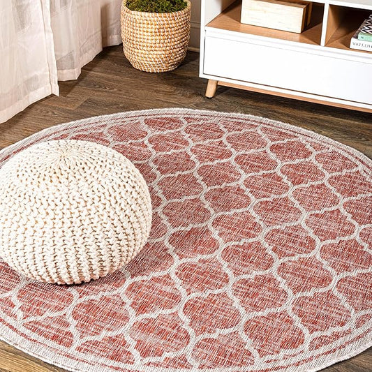 Eyely BMS109C-5R Santa Monica Trebol Moroccan Trellis Textured Weave Indoor/Outdoor Area Rug Coastal;Bohemian, Bedroom, Backyard, Patio, Easy-Cleaning, Non-Shedding, 5' Round, Red/Beige