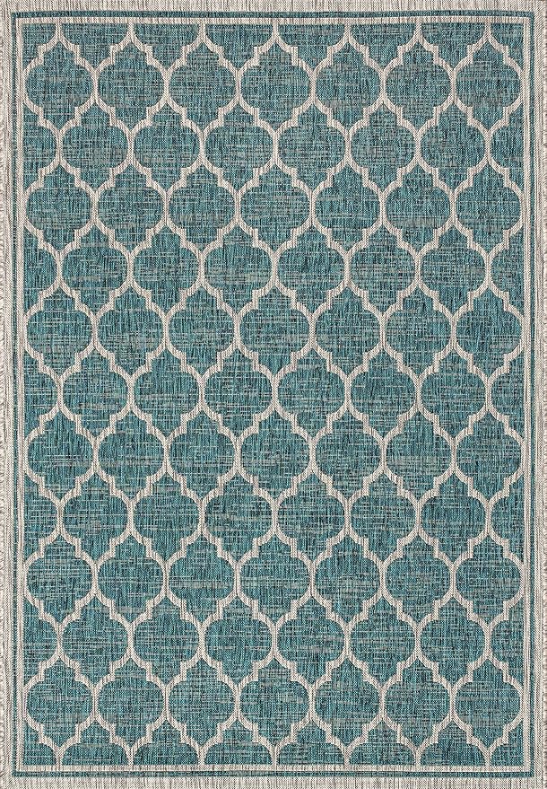 Eyely BMS109E-4 Santa Monica Trebol Moroccan Trellis Textured Weave Indoor/Outdoor Area Rug Coastal;Bohemian, Bedroom, Backyard, Patio, Easy-Cleaning, Non-Shedding, 4 X 6, Teal/Gray