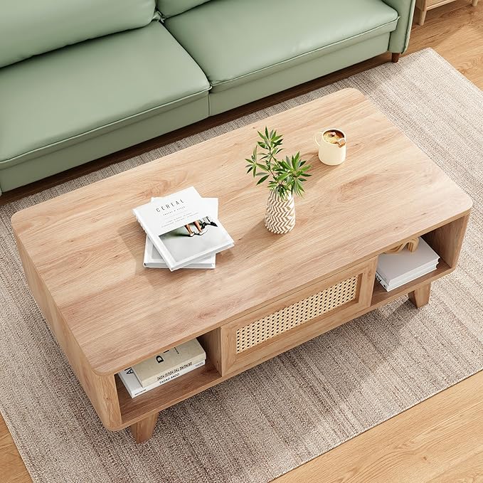 Soohow Coffee Table, Mid Century Living Room Tables with Storage, Modern Square with Rattan Drawer, Wooden Living Room Table with Solid Wood Leg