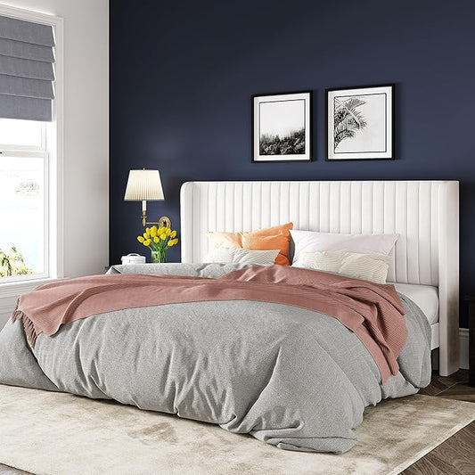 Allewie King Size Velvet Bed Frame/Vertical Channel Tufted Wingback Headboard/Upholstered Platform Bed/No Box Spring Needed/Strong Wooden Slats/Easy Assembly/White