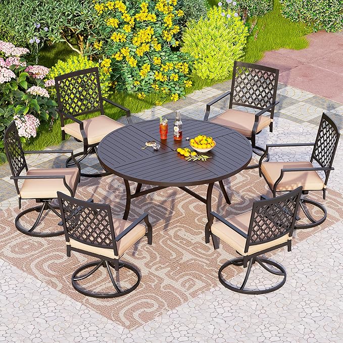 PHI VILLA 7 Pieces Outdoor Dining Set for 6, Round Metal Steel Table with Umbrella Hole & Swivel Wrought Iron Chairs with Cushions, Large Modern Furniture for Patio, Deck, Backyard, Porch