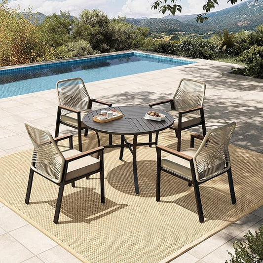 HERA'S HOUSE 5 Pieces Patio Dining Set, 4 x Woven Rattan Dining Chairs with Cushions, 42" Metal Round Dining Table, Patio Table and Chairs Set for Lawn Garden Backyard Deck