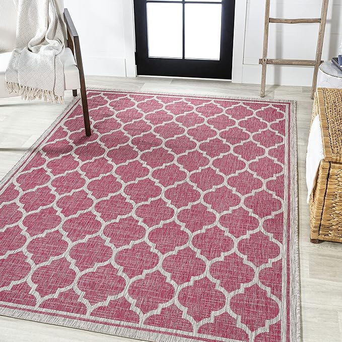 Eyely BMS109H-5 Santa Monica Trebol Moroccan Trellis Textured Weave Indoor/Outdoor Area Rug Coastal;Bohemian, Bedroom, Backyard, Patio, Easy-Cleaning, Non-Shedding, 5 X 8, Fuchsia/Light Gray