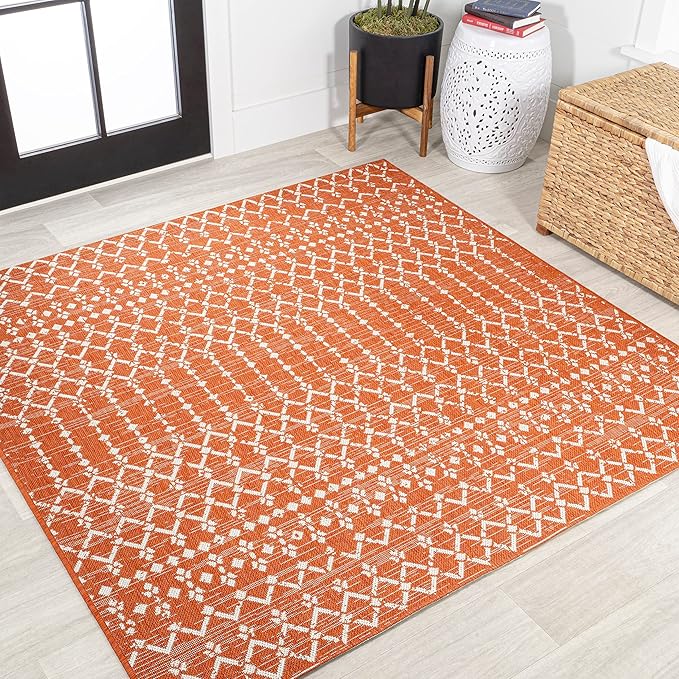 JONATHAN Y SMB108P-5SQ Ourika Moroccan Geometric Textured Weave Indoor Outdoor Area Rug, Bohemian Rustic Scandinavian Easy Cleaning,Bedroom,Kitchen,Backyard,Patio, Orange/Cream, 5' Square