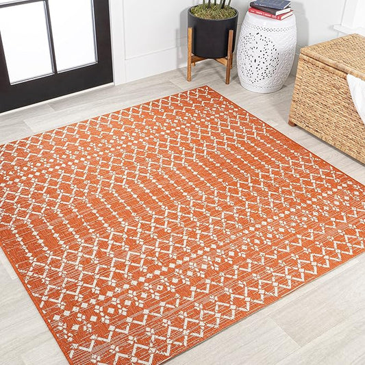 JONATHAN Y SMB108P-5SQ Ourika Moroccan Geometric Textured Weave Indoor Outdoor Area Rug, Bohemian Rustic Scandinavian Easy Cleaning,Bedroom,Kitchen,Backyard,Patio, Orange/Cream, 5' Square