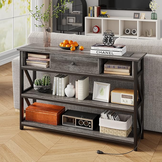 Mexin Console Table with Outlets and USB Ports, Entryway Table with Drawer Storage Shelves, Industrial Wood Hallway Sofa Table for Living Room, Couch, Foyer Table, 47 Inch Grey Oak