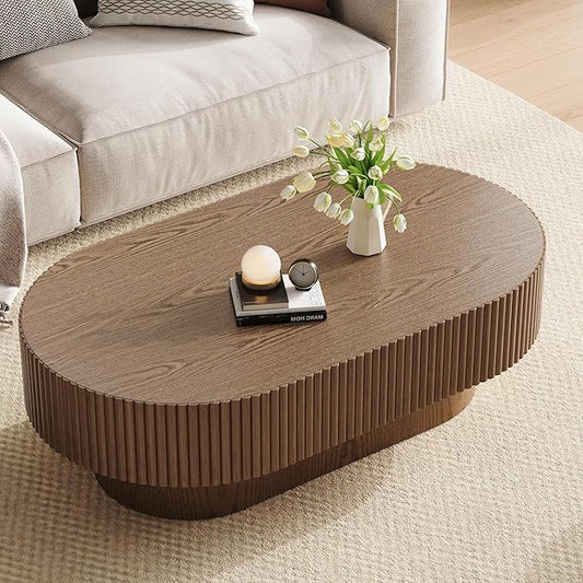 43.7” Oval Coffee Table, Modern Wood Fluted Coffee Table for Living Room, Veneer Handcrafted Relief Center Table with Sturdy Pedestal，Easy Assembly - Walnut