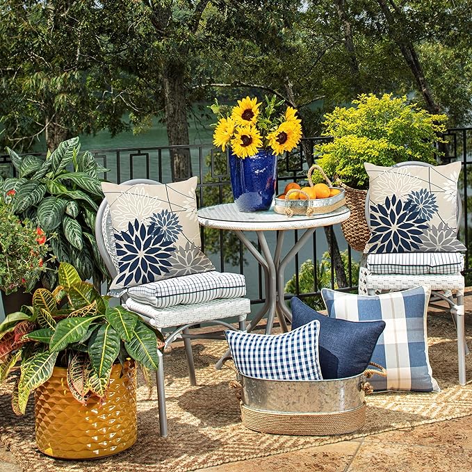 Blue and Gray Floral Pillow Covers 20x20 Set of 2 Outdoor Waterproof White Colored Decorative Throw Pillows Summer Pillowcase Polyester Cushion Case Decor for Couch Patio Funiture Garden Porch 01B20