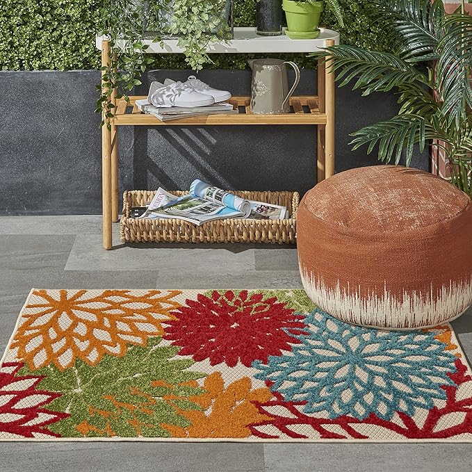 Nourison Aloha Indoor/Outdoor Green 2'8" x 4' Area Rug, Tropical, Botanical, Easy Clean, Non Shedding, Bed Room, Living Room, Dining Room, Deck, Backyard, Patio (3x4)
