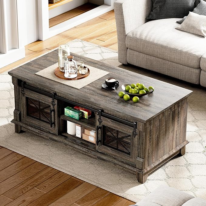 IRONCK 48'' Coffee Table with Sliding Barn Doors, Rustic Center Table with 6 Large Storage Space, Glass Doors and Adjustable Middle Shelf, Farmhouse Coffee Tables for Living Room, Meeting Room