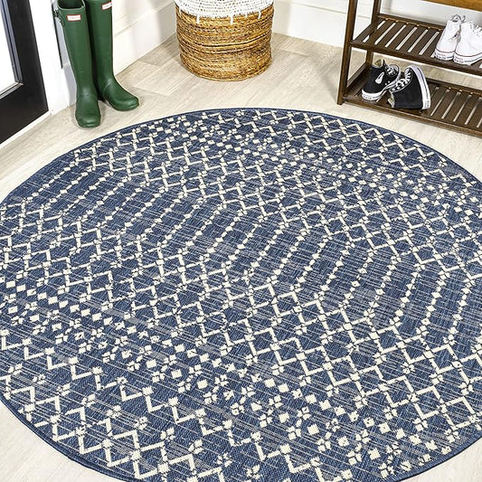 JONATHAN Y SMB108K-9R Ourika Moroccan Geometric Textured Weave Navy/Beige 9' Round Indoor/Outdoor Area Rug, Pet Friendly, Non-Shedding, Stain Resistant, Easy-Cleaning for Backyard, Patio, Porch