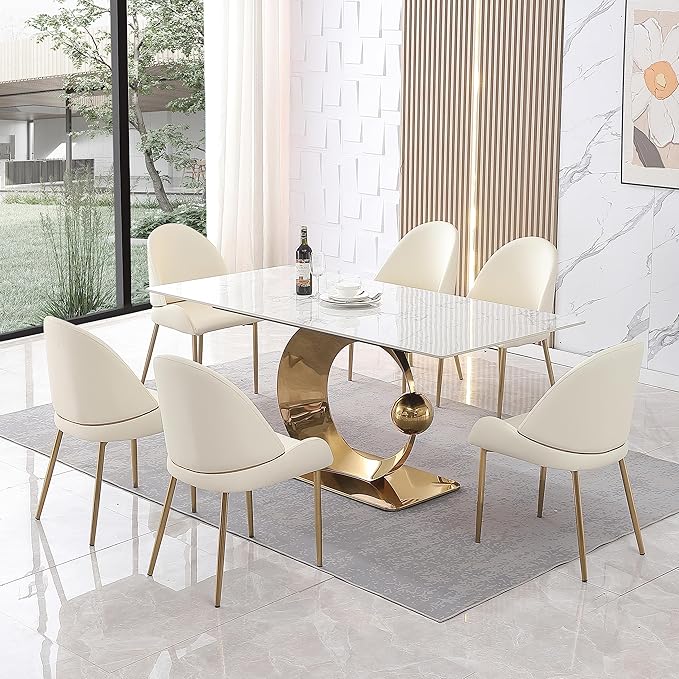Dining Table, White Sintered Stone Tabletop Dining Room Table, Modern Striped Base Marble Tables for Dining Room Set for 6-8