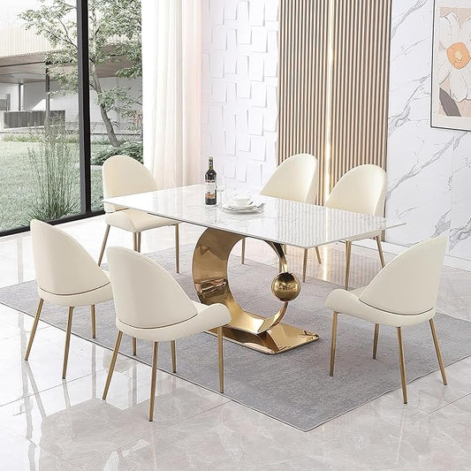 Dining Table, White Sintered Stone Tabletop Dining Room Table, Modern Striped Base Marble Tables for Dining Room Set for 6-8