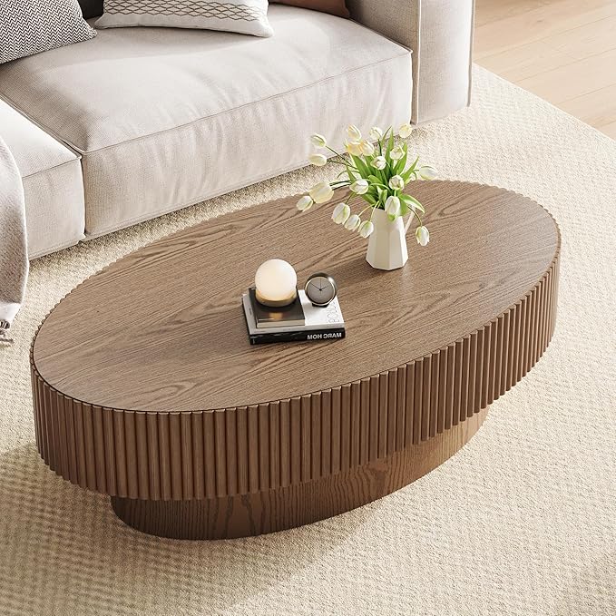 Oval Wood Coffee Table, Modern Fluted Coffee Table for Living Room, Veneer Handcrafted Relief 43.7" Olive-Shaped Tea Table with Sturdy Pedestal，Easy Assembly - Walnut
