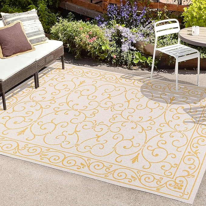 JONATHAN Y Vintage Filigree Indoor Outdoor Area Rug 5X8 Cream/Yellow, Charleston Textured Weave for Backyard, Patio, Porch, Easy-Cleaning, High Traffic, Pet-Friendly, Non-Shedding (SMB106M-5)