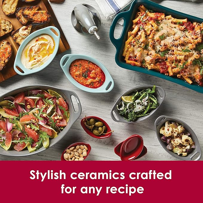 Rachael Ray Solid Glaze Ceramics Au Gratin Bakeware / Baker Set, Oval - 2 Piece, Red