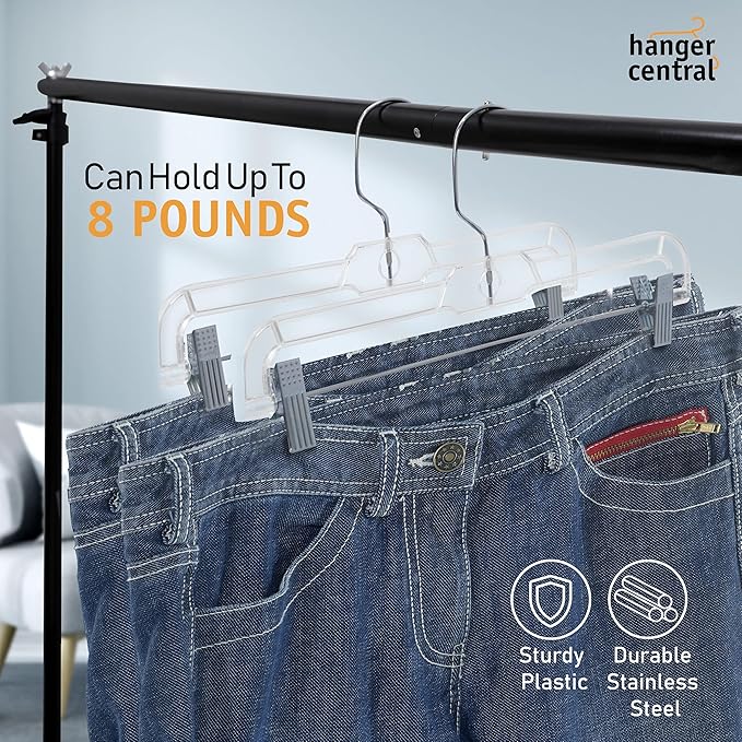 Hanger Central Premium 14 Inch Clear Pants Hangers with Adjustable Clips - 25 Pack Space-Saving Skirt Hangers - Non-Slip Heavy Duty Plastic Closet Organizers with 360° Swivel Hook