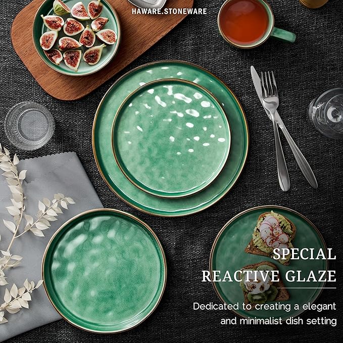 HaWare Dinnerware Sets, 18-Piece Plates and Bowls Set, Stoneware Dish Set for 6, Ceramic Dinnerware for Home Restaurant, Chip and Scratch Resistant, Microwave and Dishwasher Safe, Reactive Green