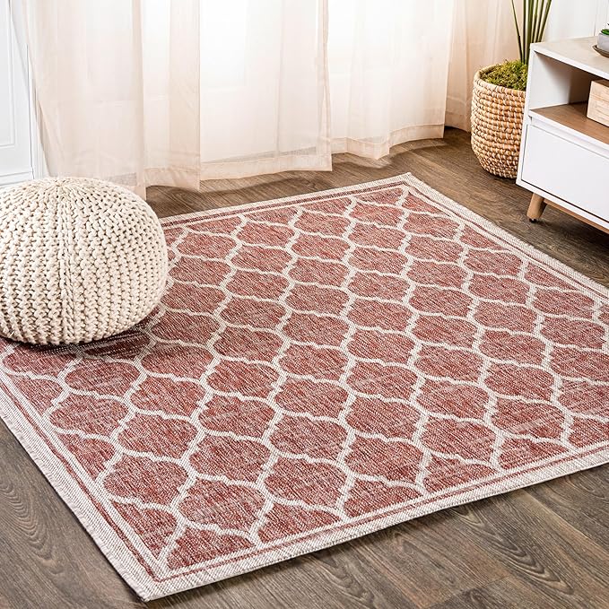 Eyely BMS109C-5SQ Santa Monica Trebol Moroccan Trellis Textured Weave Indoor/Outdoor Area Rug Coastal;Bohemian, Bedroom, Backyard, Patio, Easy-Cleaning, Non-Shedding, 5' Square, Red/Beige