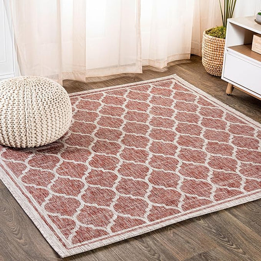 Eyely BMS109C-5SQ Santa Monica Trebol Moroccan Trellis Textured Weave Indoor/Outdoor Area Rug Coastal;Bohemian, Bedroom, Backyard, Patio, Easy-Cleaning, Non-Shedding, 5' Square, Red/Beige