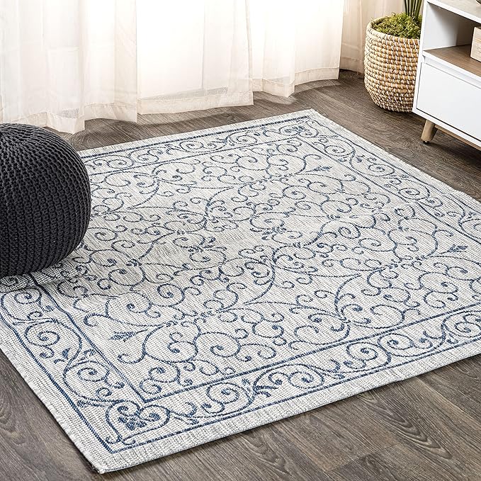JONATHAN Y SMB106C-6SQ Charleston Vintage Filigree Textured Weave Gray/Navy 6' Square Indoor/Outdoor Area Rug, Pet Friendly, Non-Shedding, Stain Resistant, Easy-Cleaning for Backyard, Patio, Porch