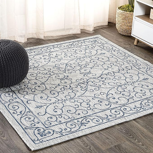 JONATHAN Y SMB106C-6SQ Charleston Vintage Filigree Textured Weave Gray/Navy 6' Square Indoor/Outdoor Area Rug, Pet Friendly, Non-Shedding, Stain Resistant, Easy-Cleaning for Backyard, Patio, Porch