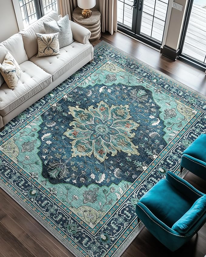 Area Rugs 6'x8' Washable Non-Slip, Floral Vintage Distress Print Pattern Medallion Carpet for Living Room Bedroom Dining Room, Teal Green Lake Blue Turquoise