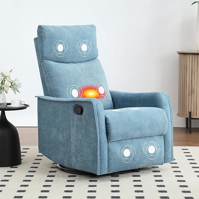 Massage Rocker Swivel Recliner Chair for Adults, Manual Recliner Glider with Lumbar Heating, Technical Flannel Fabric Nursery Glider Rocking Chair with Vibration Massage for Living Room - Blue