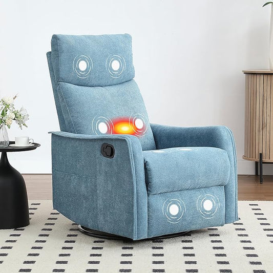 Massage Rocker Swivel Recliner Chair for Adults, Manual Recliner Glider with Lumbar Heating, Technical Flannel Fabric Nursery Glider Rocking Chair with Vibration Massage for Living Room - Blue