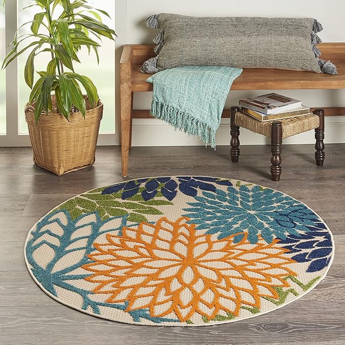 Nourison Home Aloha Indoor/Outdoor Multicolor 4' x Round Area Rug, Tropical, Botanical, Easy Cleaning, Non Shedding, Bed Room, Living Room, Dining Room, Deck, Backyard, Patio (4 Round)