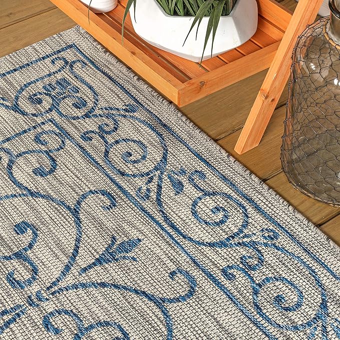JONATHAN Y SMB106C-6SQ Charleston Vintage Filigree Textured Weave Gray/Navy 6' Square Indoor/Outdoor Area Rug, Pet Friendly, Non-Shedding, Stain Resistant, Easy-Cleaning for Backyard, Patio, Porch
