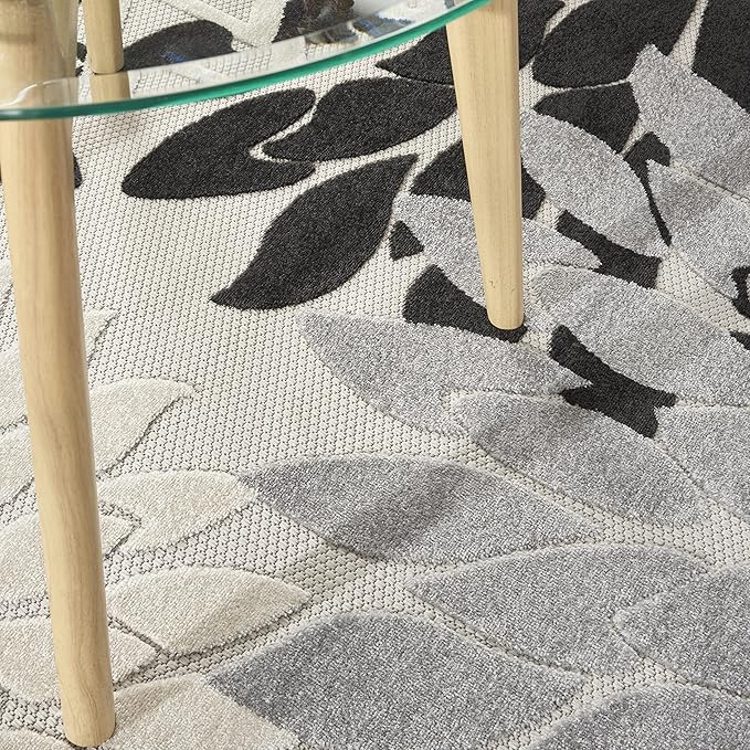 Nourison Aloha Indoor/Outdoor Black White 7'10" x Round Area Rug, Tropical, Botanical, Easy Cleaning, Non Shedding, Bed Room, Living Room, Dining Room, Deck, Backyard, Patio (8 Round)