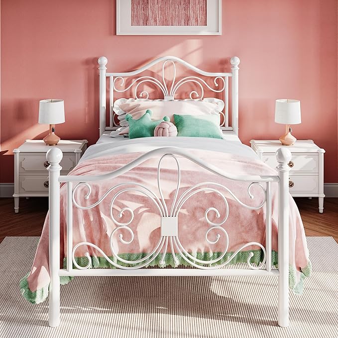 SHA CERLIN Twin Size Bed Frame for Kids,Metal Bed Frame with Butterfly Pattern Design Headboard & Footboard,No Box Spring Needed,Easy Assembly,White