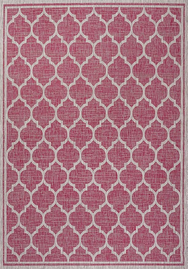 Eyely BMS109H-5 Santa Monica Trebol Moroccan Trellis Textured Weave Indoor/Outdoor Area Rug Coastal;Bohemian, Bedroom, Backyard, Patio, Easy-Cleaning, Non-Shedding, 5 X 8, Fuchsia/Light Gray
