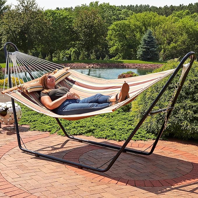 Sunnydaze Quilted Outdoor Hammock with Spreader Bars - Heavy-Duty 450-Pound Capacity Double Hammock for Outside - Sandy Beach
