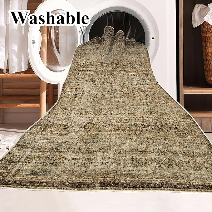 5x7 Washable Area Rug Vintage Brown Traditional Floor Cover Foldable Thin Rug Kitchen Accent Rug Indoor Distressed Non Slip Carpet Floral Print Mat Bedroom Living Room Bathroom
