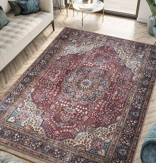 Keen Home Design 5x7 Rug - Machine Washable Area Rug with Non-Slip Backing, Ideal for Living Room, Dining Room, Bedroom - Vintage, Easy Clean, Durable, Low Pile Rug - (5' x 7')