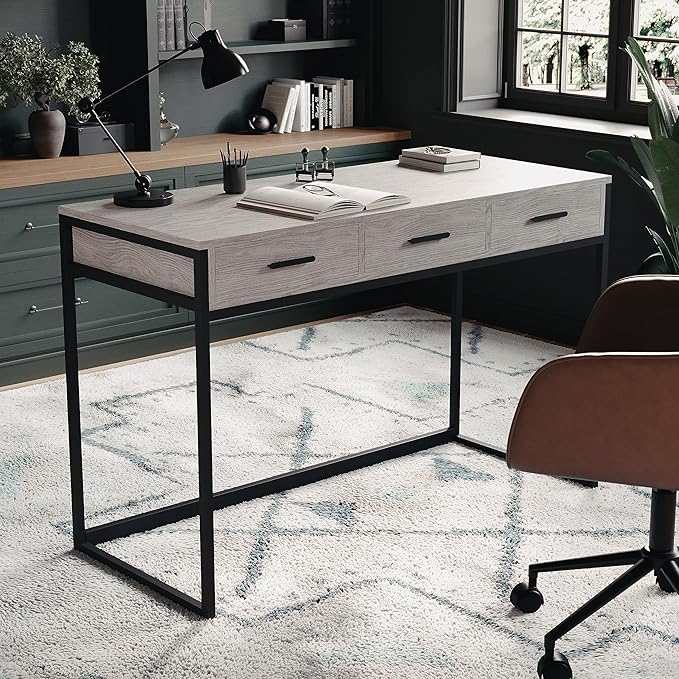 Martha Stewart Ollie Home Office Desk with 3 Drawers in Gray Wood Grain with Oil Rubbed Bronze Hardware