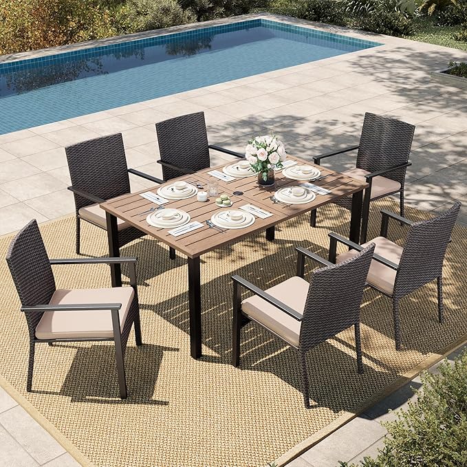HERA'S HOUSE 7 Pieces Patio Dining Set, 6 x Outdoor Rattan Armchair with Beige Removable Cushions,1 x Rectangular Metal Dining Table with Wood-Look Finish for Patio, Lawn, Garden, or Porch