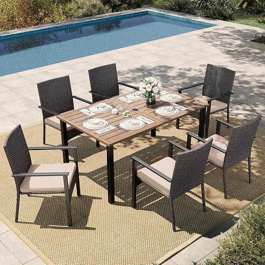 HERA'S HOUSE 7 Pieces Patio Dining Set, 6 x Outdoor Rattan Armchair with Beige Removable Cushions,1 x Rectangular Metal Dining Table with Wood-Look Finish for Patio, Lawn, Garden, or Porch