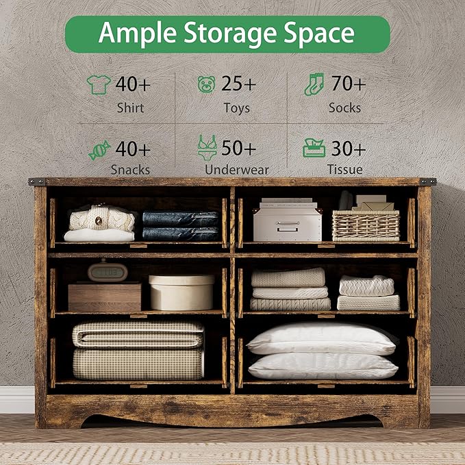 Dresser for Bedroom with 6 Drawers, 48" Wide Wood Chest of Drawers with Deep Drawers & Mental Handle, Modern Dresser TV Stand, Wooden Closet Storage Organizer for Living Room, Hallway, Entryway, Brown