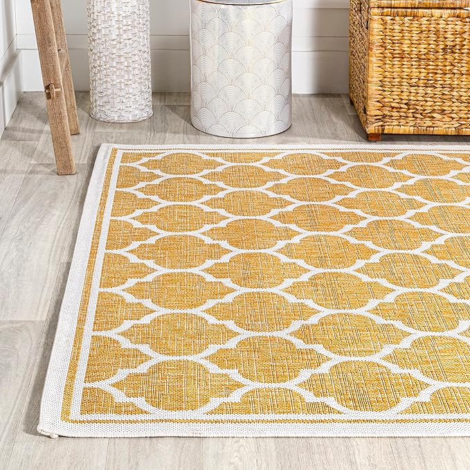 Eyely BMS109F-9 Santa Monica Trebol Moroccan Trellis Textured Weave Indoor/Outdoor Area Rug Coastal;Bohemian, Bedroom, Backyard, Patio, Easy-Cleaning, Non-Shedding, 9 X 12, Yellow/Cream