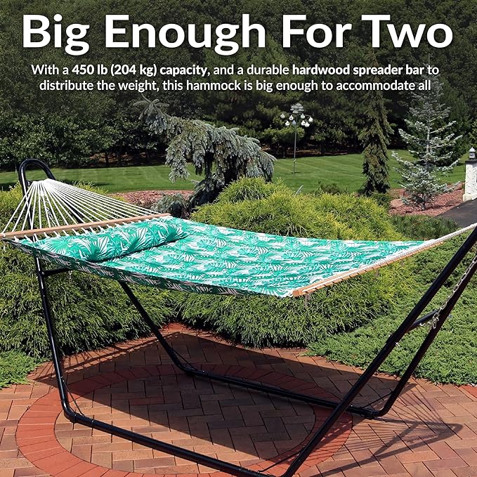 Sunnydaze Quilted Outdoor Hammock with Spreader Bars - Heavy-Duty 450-Pound Capacity Double Hammock for Outside - Green Palm Leaves