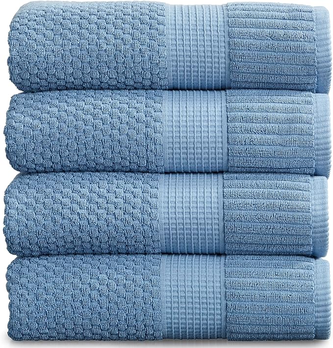 NY Loft 100% Cotton Bath Towel 4 Pack | Super Soft & Absorbent Quick-Dry Bath Towels 30" x 52" |Textured and Durable Cotton | Trinity Collection (4 Pack Bath Towel, Blue Shadow)