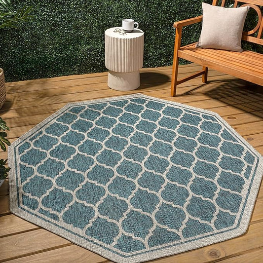 Eyely BMS109E-5TGN Trebol Moroccan Trellis Textured Weave Teal/Gray 5' Octagon Indoor/Outdoor Area Rug, Teal/Gray, 5' Octagon, Indoor/Outdoor, Area Rug