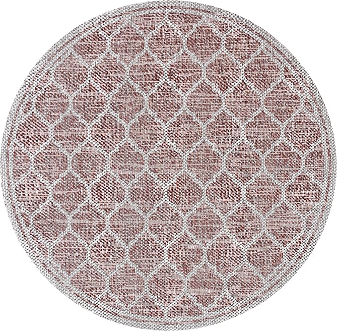 Eyely BMS109C-4R Santa Monica Trebol Moroccan Trellis Textured Weave, Pet Friendly, Non-Shedding, Stain Resistant, Easy-Cleaning, Red/Beige, 4' Round, Indoor/Outdoor, Area Rug