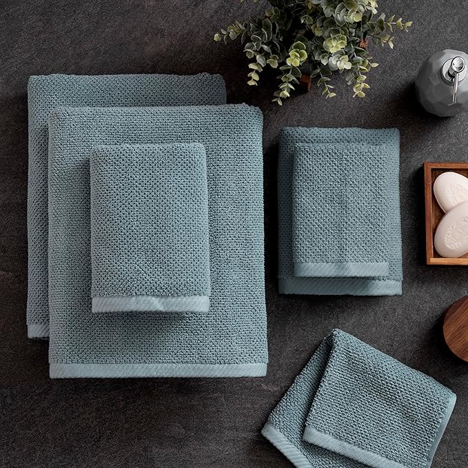 Welhome Franklin 100% Cotton Popcorn Textured Towel Set - 6 Piece 600 GSM, Soft & Plush, 2 Bath Towels, 2 Hand Towels, 2 Washcloths, Dusty Blue
