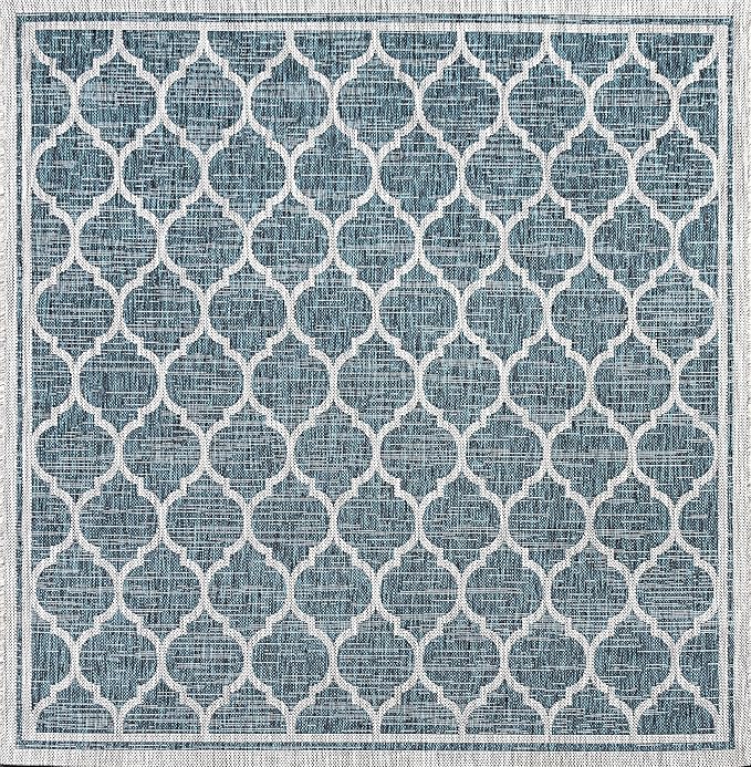 Eyely BMS109E-5SQ Santa Monica Trebol Moroccan Trellis Textured Weave Indoor/Outdoor Area Rug Coastal;Bohemian, Bedroom, Backyard, Patio, Easy-Cleaning, Non-Shedding, 5' Square, Teal/Gray