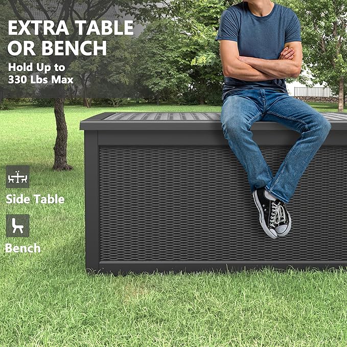260 Gallon Resin Deck Box, Large Indoor and Outdoor Storage Box, Weatherproof and UV Resistant Outdoor Storage Box with Built-in Steel Beams for Patio Cushions, Pool Supplies