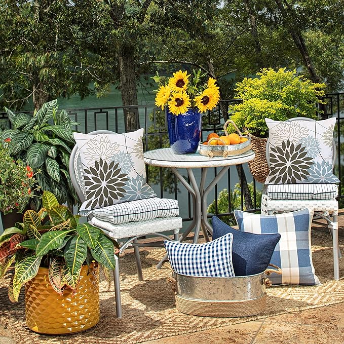 Brown Blue Flower Pillow Covers 20x20 Inch Set of 2 Summer Outdoor Waterproof Decor for Home Patio Funiture Garden Living Room Modern Art Floral Polyester Square Cushion Cover 01F20